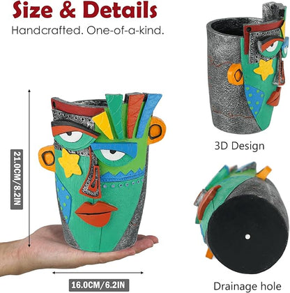 Unique Flower Pots - Abstract Picasso Face Plant Pots, Funky Planters with Drainage for Indoor Plants, Cool Head Planter for Outdoor Garden & Home Decor