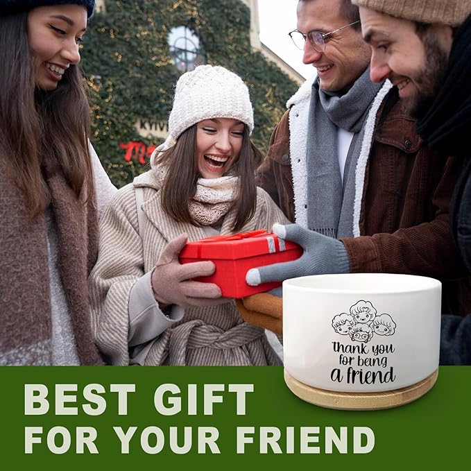 Friendship Ceramic Planter Pot with Drainage Holes and Bamboo Tray Thank You for Being a Friend Succulent Cactus Planter Ideal Gift for Friends Home Decor Indoor Planting Pots (Plant Not Included)