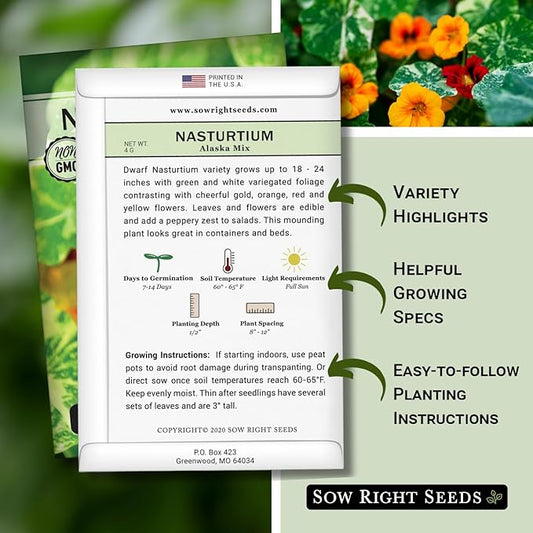 Sow Right Seeds - Dwarf Alaska Mix Nasturtium Seeds for Planting - Edible Flower - Non-GMO Heirloom Packet with Instructions to Plant in Your Garden - Warm Colored Blooms and Variegated Leaves (2)