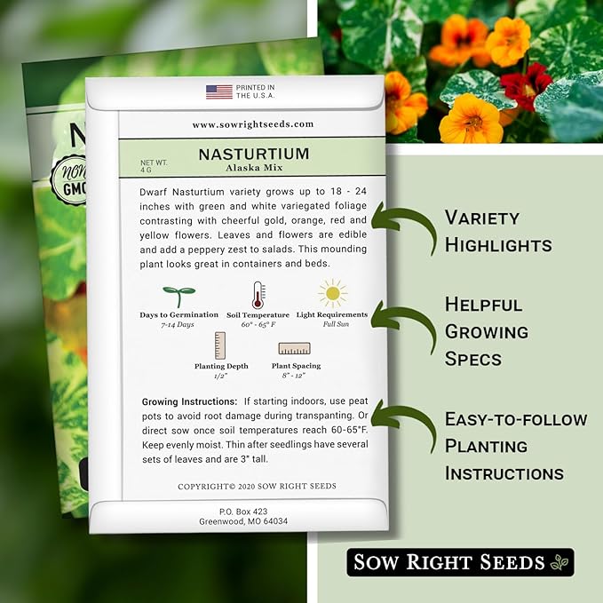 Sow Right Seeds - Dwarf Alaska Mix Nasturtium Seeds for Planting - Edible Flower - Non-GMO Heirloom Packet with Instructions to Plant in Your Garden - Warm Colored Blooms and Variegated Leaves (3)