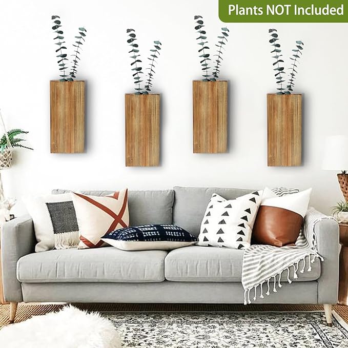 Wood Wall Planters 4 Pack Wood Wall Decor for Dried Flowers and Artificial Greenery Plants - Pocket Wall Vases Hanging Planters for Living Room, Bedroom, Home Decor - Brown