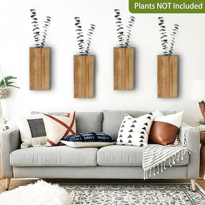 Wood Wall Planters 4 Pack Wood Wall Decor for Dried Flowers and Artificial Greenery Plants - Pocket Wall Vases Hanging Planters for Living Room, Bedroom, Home Decor - Brown
