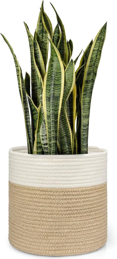 Dahey Jute Spliced Cotton Rope Plant Basket Modern Woven Storage Basket for 10.5" Floor Indoor Planter, Decorative Flower Pots Cover Laundry Bin with Handle Rustic Home Decor, White and Beige