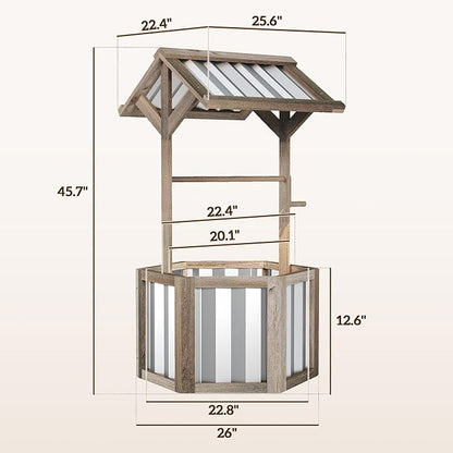 Outsunny Wooden Wishing Well Planter, Raised Garden Bed with Galvanized Canopy, Hexagon Outdoor Planter Box for Flowers, Herbs and Vegetables, Light Gray