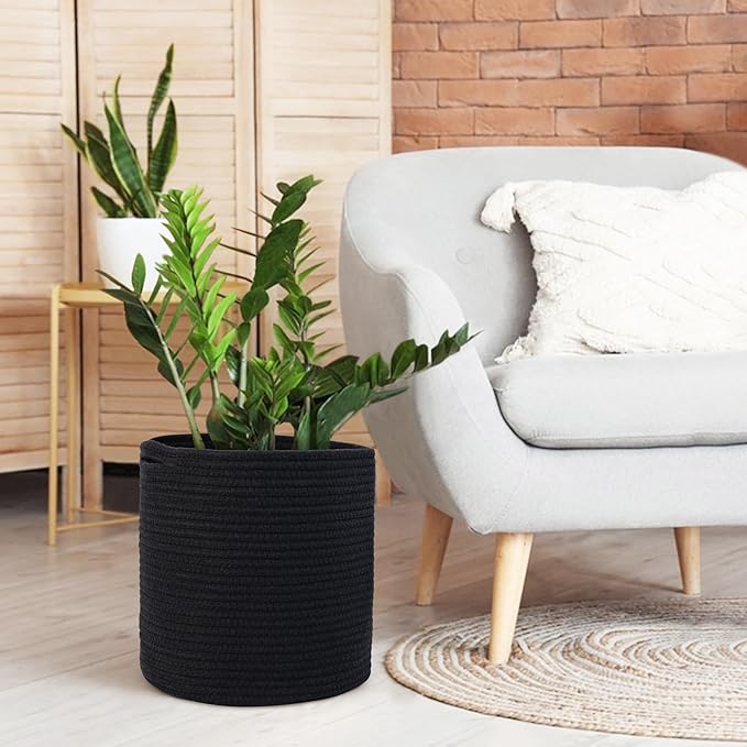 Cotton Rope Plant Basket, Woven Basket Planter for 11 inch Pot, Round Indoor Tree Pot Cover, Storage Bin Organizer, Modern Planter and Home Decor, 12.5”X12.5”, Black