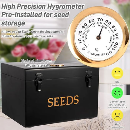 Professional-Designed Bamboo Seed Storage Box with Built-in Hygrometer, Double-Layer Airtight Lid and Safety Lock, Temperature-Stable Wooden Seed Organizer for Preservation, Great Gifts for Gardener