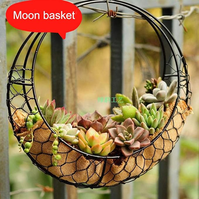 Firlar Round Wire Wreath Frame, Moon Shaped Metal Hanging Planter Plant Holder Flower Hanging Basket, Succulent Pot Decor Basket, Hanging Flower Stand Hanging Wall Plant Holder