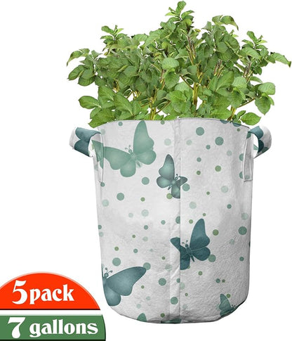 Lunarable Butterflies Grow Bags 5-Pack, Moth Insects on Rounds, Heavyduty Fabric Pots with Handles for Plants, White Teal