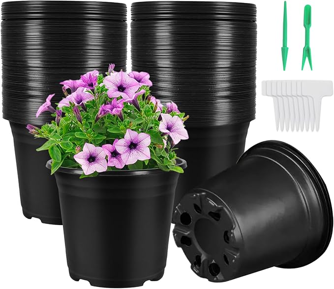 100 Pack 0.5 Gallon Plastic Plant Nursery Pots Thickened Soft Plastic Plant Pots with 100 Pcs Waterproof T-Type Plant Tags and 2Pcs/Set Transplanting Digging Mini Tools(Black)