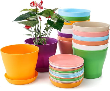Tosnail 16 Pack 5.5 Inches Small Plastic Plant Flower Pot with Saucers, Seedlings Nursery Pots Planter with Pallet, Planting Gardening Containers - Assorted 8 Colors