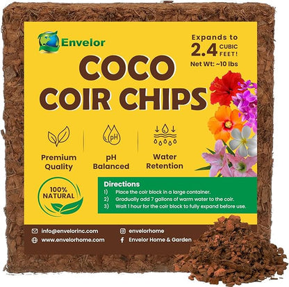 Envelor Coco Coir Chips Orchid Potting Mix 10 Lb Brick Mulch Potting Soil Indoor Plant Planting Chips Coconut Fiber Substrate Orchid Bark Growing Media Coir Husk Chips Compressed Coconut Coir