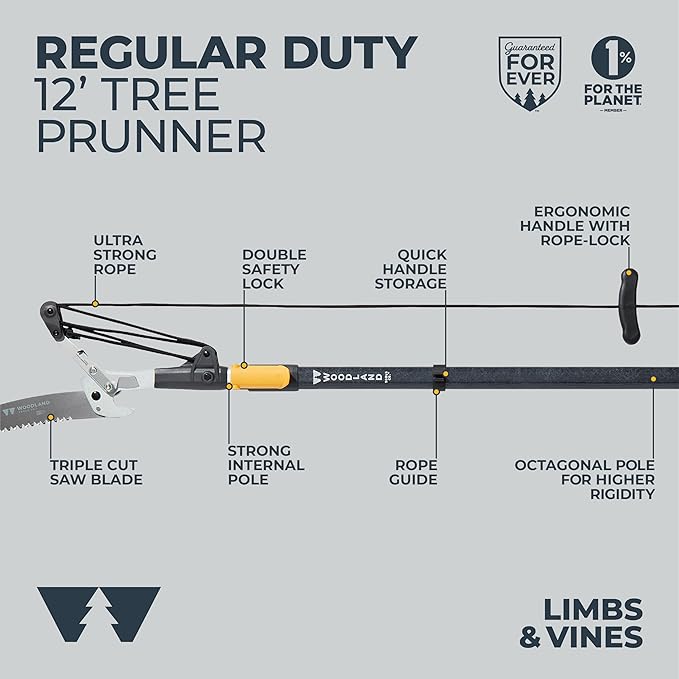 WOODLAND TOOLS 12 Foot Tree Pruner – Extendable Pole Pruner with Bypass Cutting Head, Saw Blade, Double Lock System, Fiberglass and Aluminum Poles, Cord Management, Compound Pulley System