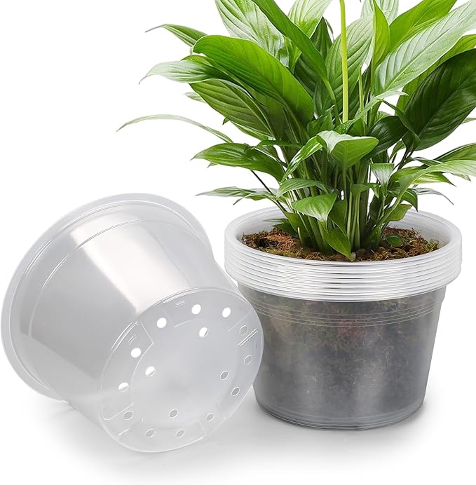 10 Pack 8 Inch Large Clear Nursery Pots with Drainage Hole, Plastic Plant Pots for Seedlings Flowers Vegetablesb, Indoor Outdoor Gardening, Used as Liners Inside Decorative Pots (8 inch)