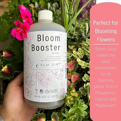 Elm Dirt Plant Food Bundle - Bloom Juice Liquid Fertilizer & Blooming Soil for Vegetables and Fruits - Organic Bloom Booster & Soil Fertilizer for All Plants Contains Plant Probiotic & Micronutrients