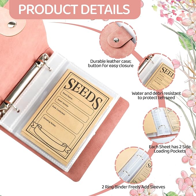Seed Storage Organizer Binder, Leather Seed Sleeves Binder with 50 Pack Seed Envelopes, Garden Seeds Storage Organizer, Vegetable Seed Saver, Flower Seed Keeper, Pink, 3.1 x 4.7 Inch Seed Envelopes
