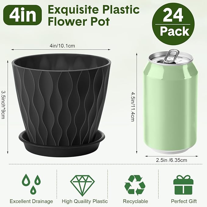 24 Pack 4 Inch Plant Pots Bulk Small Pots for Succulents Waffle Texture Plastic Planter with Drainage Holes and Saucers for Indoor Outdoor Plants Flowers, Seedlings (Black)