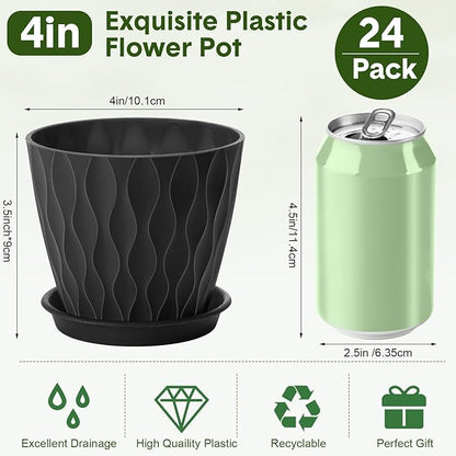 24 Pack 4 Inch Plant Pots Bulk Small Pots for Succulents Waffle Texture Plastic Planter with Drainage Holes and Saucers for Indoor Outdoor Plants Flowers, Seedlings (Black)