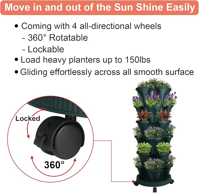 GameXcel Vertical Planter 6 Tier Stackable Planters Garden Planters Strawberry Herb Flower and Vegetable Planter Indoor Outdoor Gardening Pots with Removable Wheels and Tools