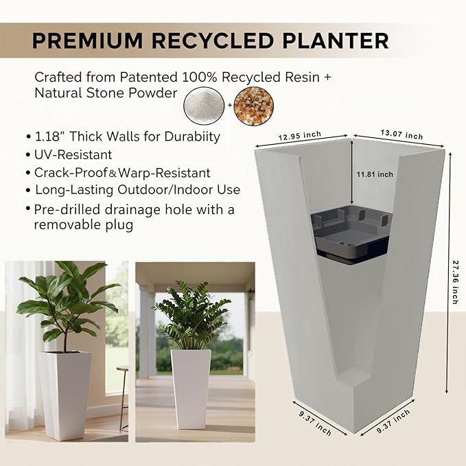 GreenShip 27 inch Tall Planters for Indoor Outdoor Plants, Set of 2 - Large Whitestone Flower Pots with Drainage & Inner Shelf, Modern Decorative Garden Pots for Porch, Patio, Front Door