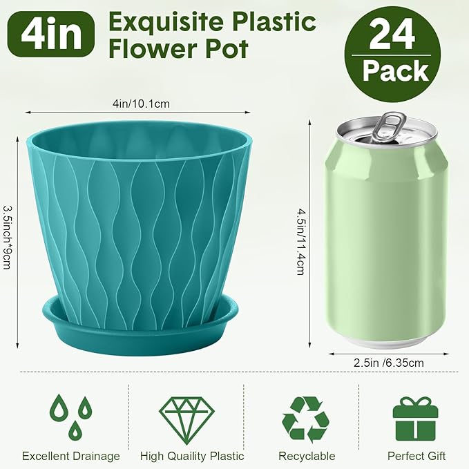 24 Pack 4 Inch Plant Pots Bulk Small Pots for Succulents Waffle Texture Plastic Planter with Drainage Holes and Saucers for Indoor Outdoor Plants Flowers, Seedlings (Lake Green)