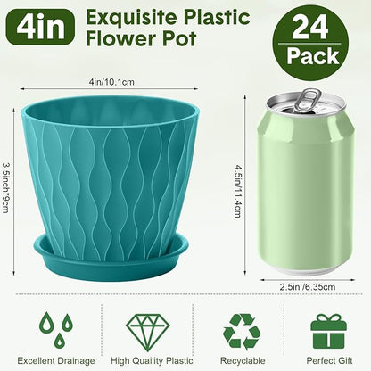 24 Pack 4 Inch Plant Pots Bulk Small Pots for Succulents Waffle Texture Plastic Planter with Drainage Holes and Saucers for Indoor Outdoor Plants Flowers, Seedlings (Lake Green)