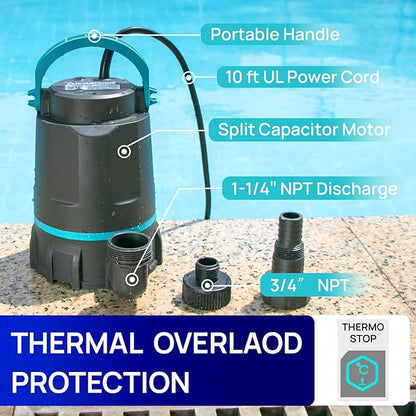 Aquastrong Sump Pump 1 HP 4500 GPH Submersible Water Pump Thermoplastic Portable Utility Pump High Flow Water Removal for Swimming Pool Garden Pond Basement Window Wells with 10ft Long Power Cord