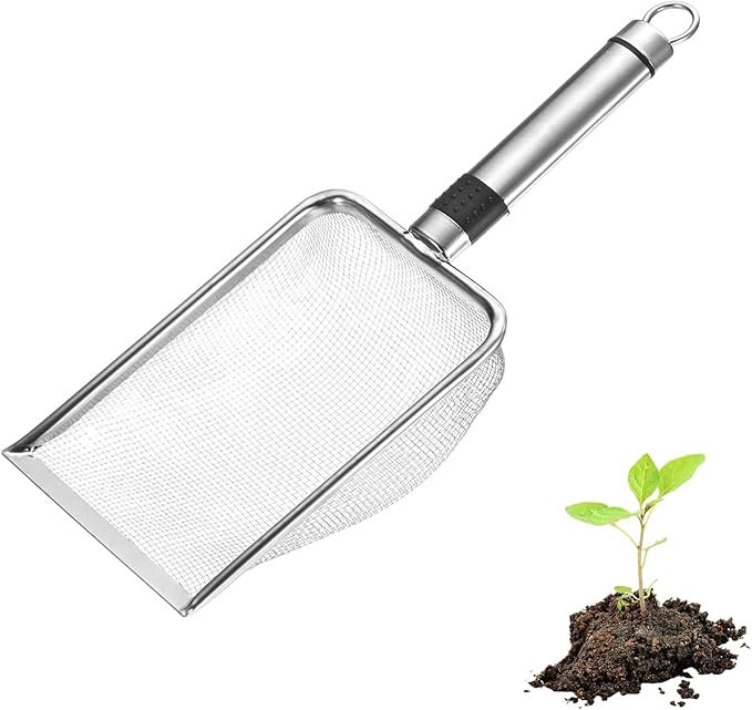 1-Pack Gardening Soil Sifter, 2 mm Mesh Stainless Steel Sand Soil Compost Sieve with Stainless Steel Handle for Sand/Dirt/Rock Compost [Silver Tone]