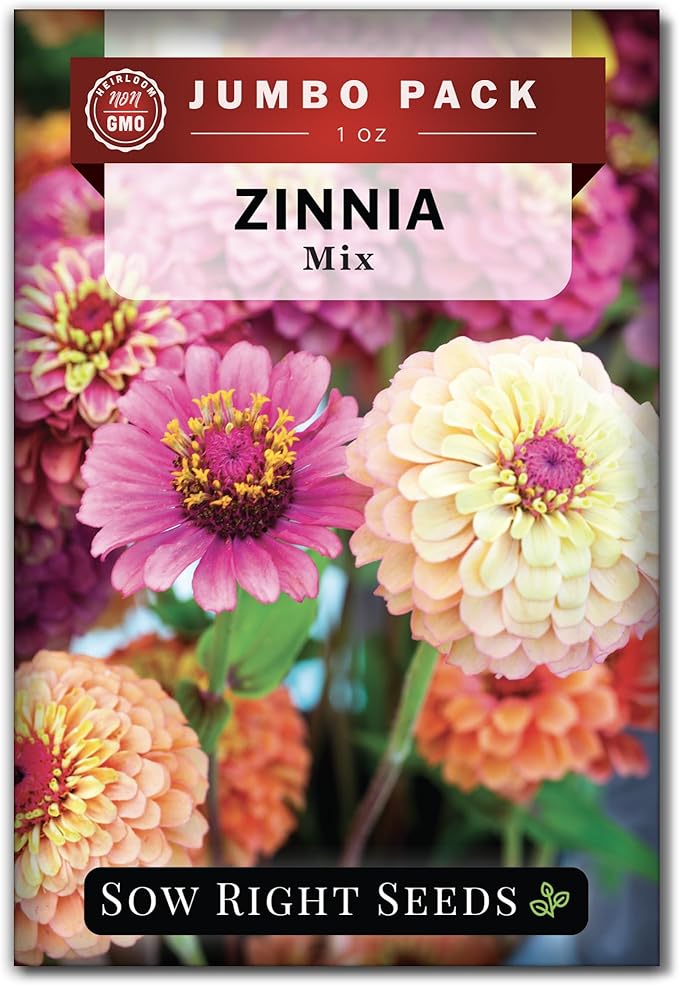 Sow Right Seeds - Bulk Mixed Zinnia Seeds for Planting - 1 Ounce, 4300 Seeds - Non-GMO Heirloom Jumbo Pack to Grow in Your Flower Garden - Abundant Amount of Beautiful Cut and Come Again Flowers