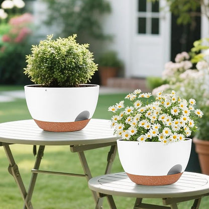 Plant Pots 12inch Self Watering Pots, Set of 2 Plastic Planters with Drainage Holes and Saucers, Flower Pots for Indoor Outdoor Plants (White)
