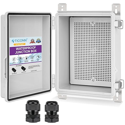 TICONN Outdoor Electrical Box Waterproof, Junction Box IP67 ABS Plastic Enclosure with Hinged Cover with Mounting Plate, Wall Brackets, Cable Glands (Off-White, 8.7"x6.7"x4.3")