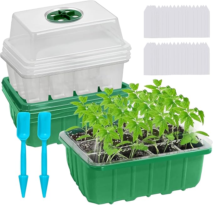 60-Cell Seed Starter Tray, 5 Pack – Cells Plant Grow Kit with Humidity-Vented Domes and Base for Organic Seed Germination, Ideal Plant Starter Kit with Labels & Transplant Tools