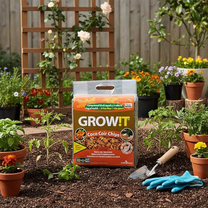 GROW!T JSCC2 - Organic Coco Coir Planting Chips (9 LBs), Block - Promotes Growth tropical flowers and plants, Perfect for indoor or outdoor usage