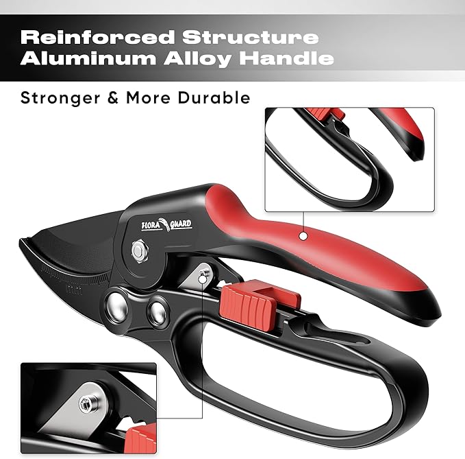 FLORA GUARD Ratchet Pruning Shears, Pruning Shears with Reinforced Structure, 3x Cutting Power, Sharp Gardening Scissors for Branches up to 7/8 in, Ideal for Weak Hands