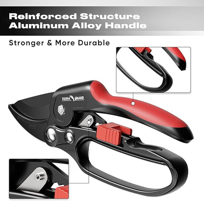 FLORA GUARD Ratchet Pruning Shears, Pruning Shears with Reinforced Structure, 3x Cutting Power, Sharp Gardening Scissors for Branches up to 7/8 in, Ideal for Weak Hands