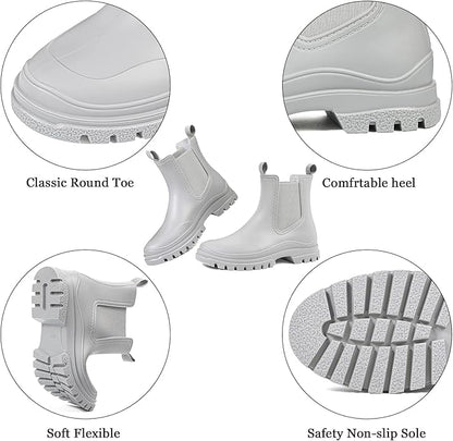 DKSUKO Rain Boots Women Waterproof Chelsea Boots Ankle Garden Shoes for Ladies Rubber Short Rainboots with Removable Comfort Insole for Outdoor Work Deck Mud Boots