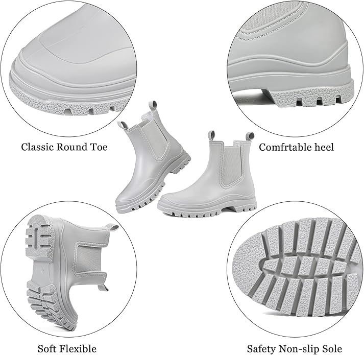 DKSUKO Rain Boots Women Waterproof Chelsea Boots Ankle Garden Shoes for Ladies Rubber Short Rainboots with Removable Comfort Insole for Outdoor Work Deck Mud Boots