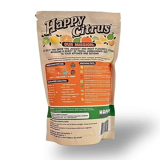 Citrus Fertilizer by Happy Nutrients - High Nitrogen Citrus Tree & Plant Fertilizer with Iron - Nutrient Support for Juicy, Flavorful Citrus - 1.5 lbs for Indoor/Outdoor Citrus Trees & Fruit Plants