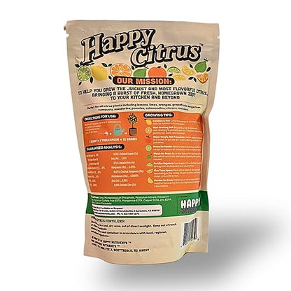Citrus Fertilizer by Happy Nutrients - High Nitrogen Citrus Tree & Plant Fertilizer with Iron - Nutrient Support for Juicy, Flavorful Citrus - 1.5 lbs for Indoor/Outdoor Citrus Trees & Fruit Plants