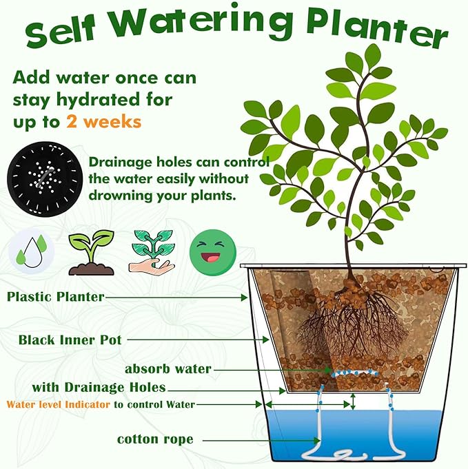 Planterhoma 6.7 Inch Self Watering Pots for Indoor Plants, 6 Packs African Violet Pots with Indicator, Black Wick Pot with Drainage Holes, Self Watering Planters for Orchid, Devil's Ivy, White