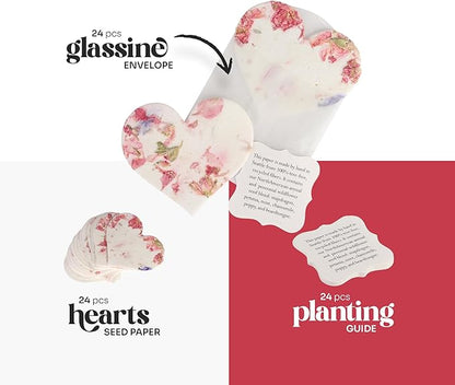 Set of 24 Pink Heart Seed Paper – Writable & Plantable Wildflower Hearts with Envelopes & Planting Guides, Gift for Moms or Plant Lovers for Mother’s Day, Heart Party Favors for Weddings & Showers