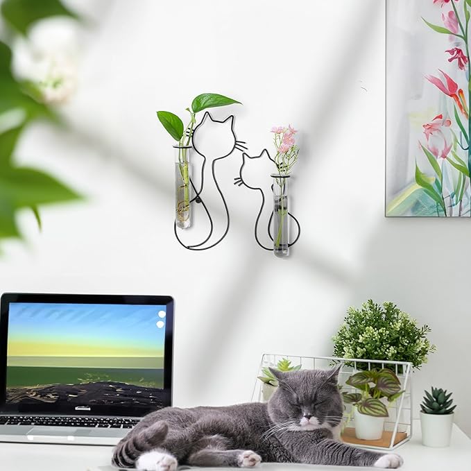 Wall Propagation Stations for Indoor Plants: Cat Design Glass Terrarium Planter Tubes for Cuttings Air Plants Small Flower Pothos Bud Vase - Gift for Women Plant Lovers