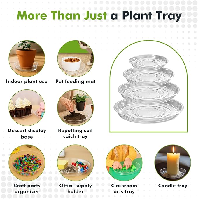 100 Packs 4" Small Clear Plant Saucers for Indoor Outdoor Use Heavy Duty Plastic Plant Trays for Planter Bulk Flower Pot Drip Trays to Catch Water, 4 to 20 Inch
