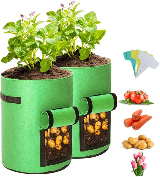 10 Gallon Potato Grow Bags, 2 Pack Planter Bags Breathable Non-Woven Fabric Grow Pot Garden Heavy Duty Plant growing Bags with Handles and Access Window Green