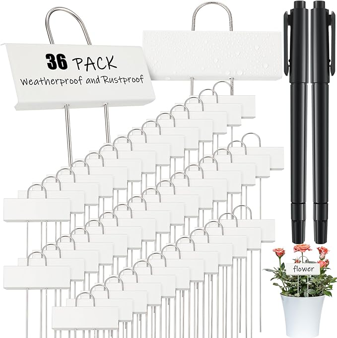 Maitys 38 Pcs Metal Garden Markers Plant Label Stakes Outdoor Weatherproof 10.6 Inch Stainless Steel Nursery Tags Bulk with Pens (White Label with Black Ink)