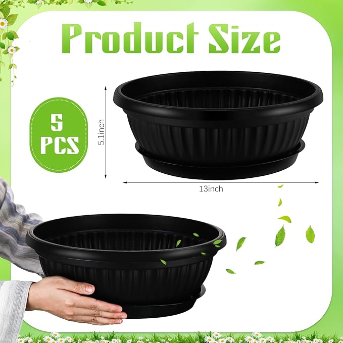 5 Sets Plant Pots 13 Inches Jumbo Plastic Flowers Garden Bowl Planter with Plant Saucers Large Black Wide Shallow Plant Pots with Drainage Holes Planter Bowl for Indoor Outdoor Flowers Herbs