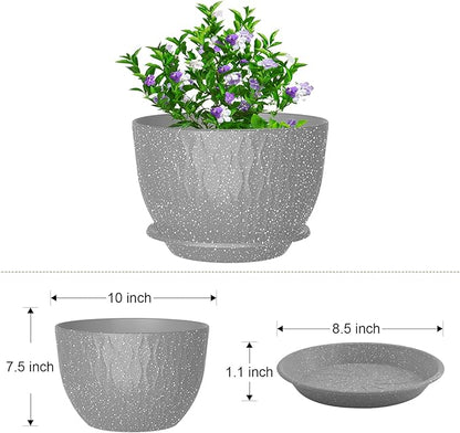 10 inch Large Plant Pots, Flower Pots with Multi-Mesh Drainage Holes and Saucer, Plastic Planters for Indoor and Outdoor Garden Plants (Speckled Grey, 10")