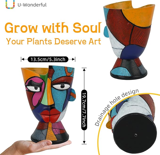 Abstract Face Planters Pots Head 7.8 Inch with Drainage - Decorative Plant Pots Retro Rainbow Design, Cute Unique Planter for Succulents/Snake Plants/Cactus Indoor & Outdoor