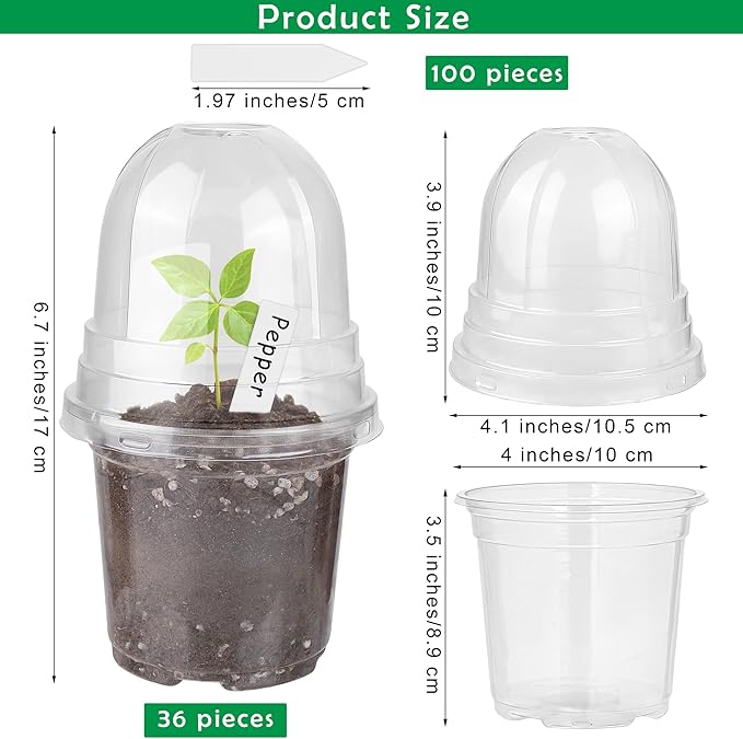 36 Packs 4 Inch Plant Nursery Pots with Humidity Dome Plastic Planters Gardening Flower Plant Pots Seed Starting Pots with Plant Labels for Seedling Indoor Outdoor Garden, Transparent