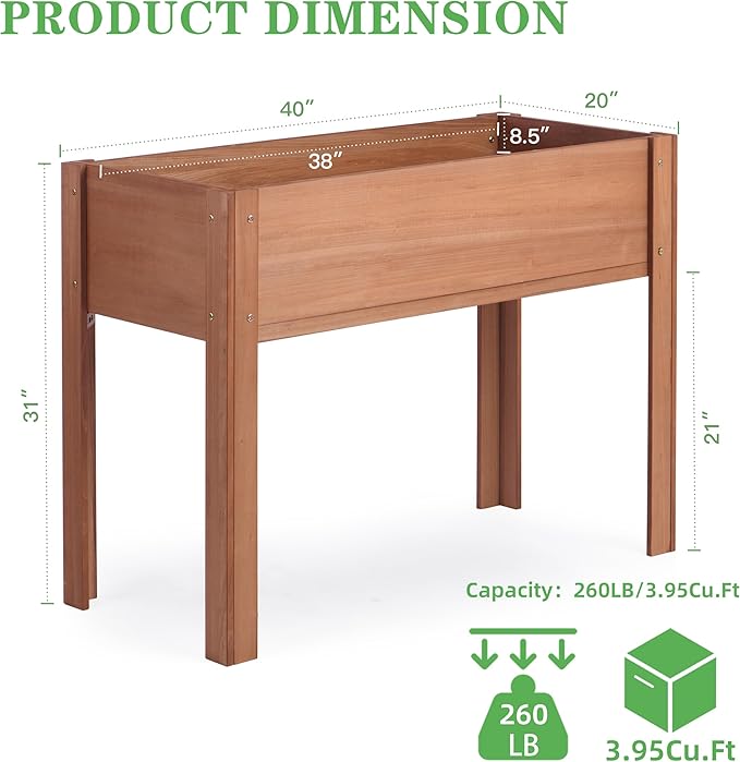 Raised Garden Bed with Legs, 40x20x31'', Solid Wood Elevated Planter Box for Outdoor Backyard Patio