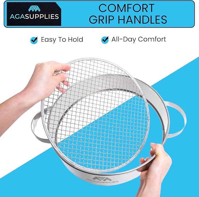 Soil Sifter Set with Handles & 3 Replaceable Mesh Sifters – 30 Cm Stainless Steel Soil Sifter for Gardening, Compost & Bonsai – Large Garden Sifting Tray for Topsoil, Rocks & Sand – Mesh Sieve Set